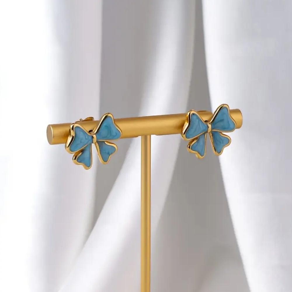 Gold Blue Enamel Bow Earrings
